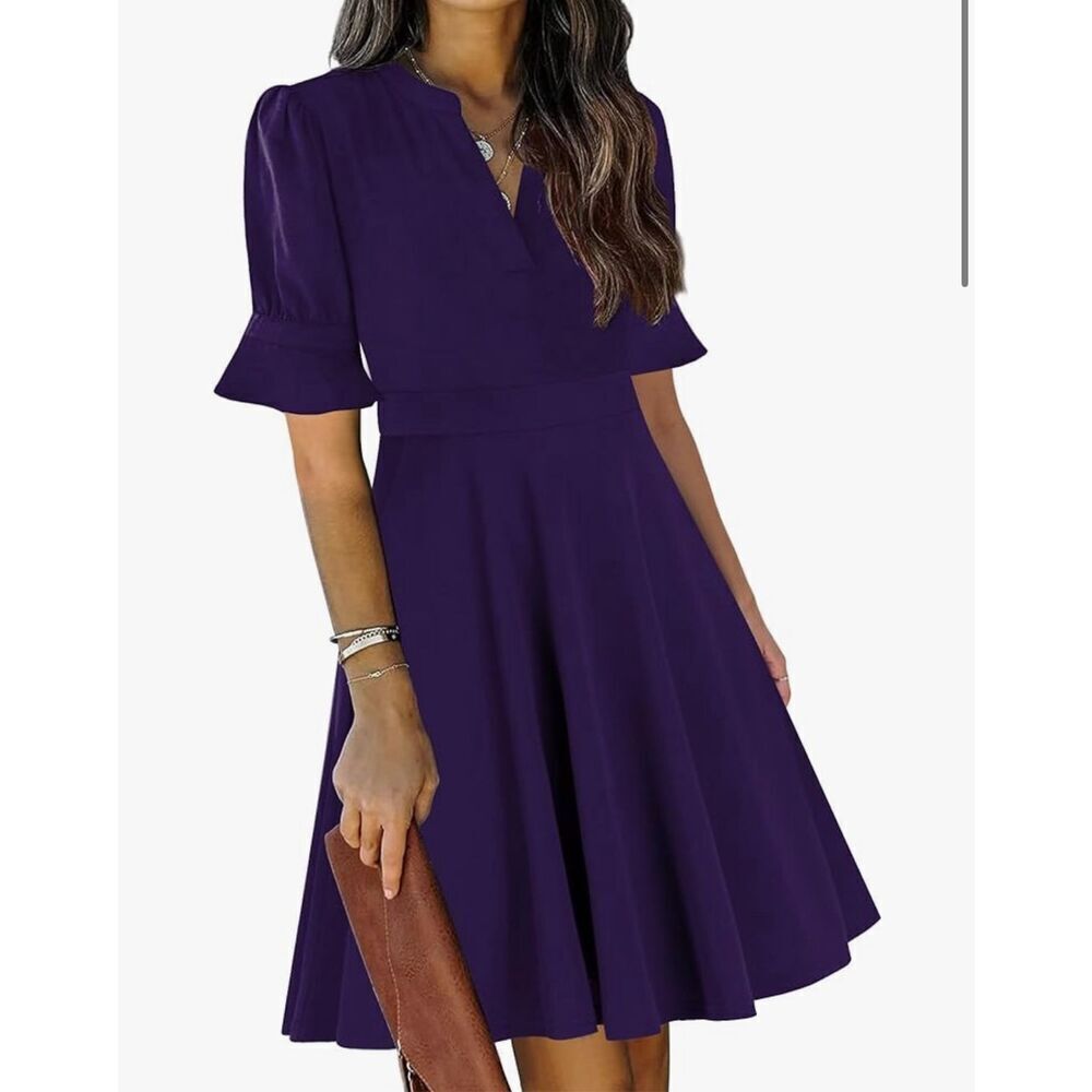 NEW Purple V Neck Ruffle Fit & Flare Dress Pockets XL